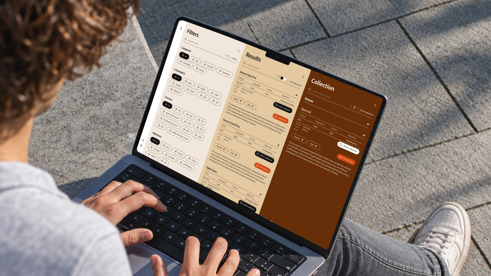 Interface de Font Library en trois colonnes sur un ordinateur portable utilisé en extérieur