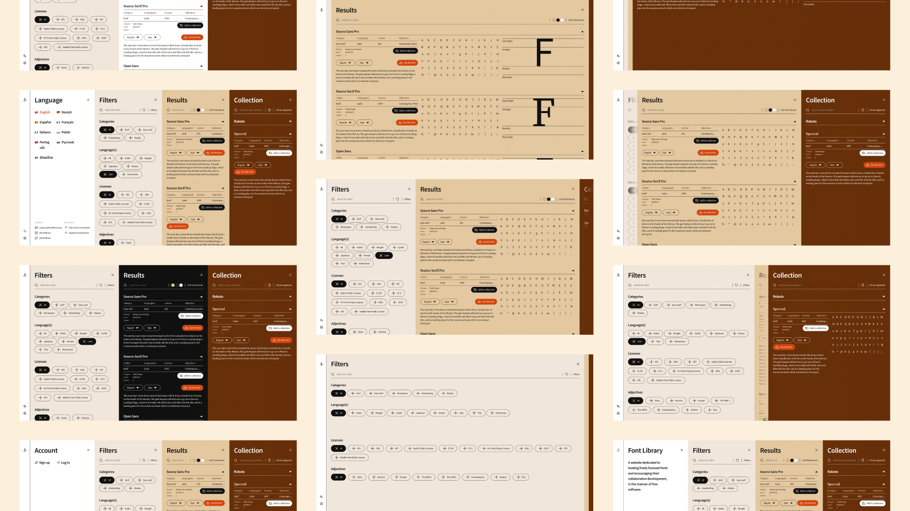 Grille de résultats de polices avec prévisualisation typographique