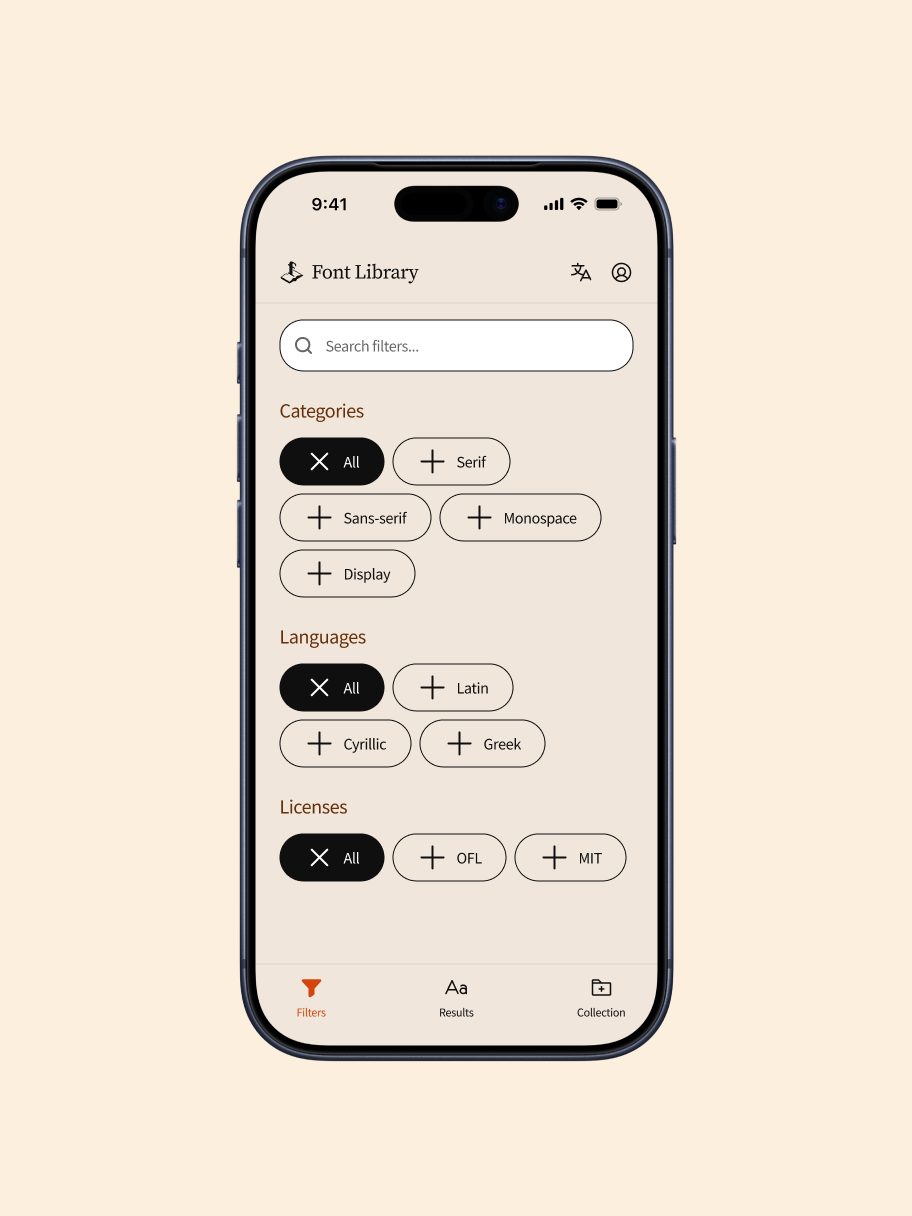 Vue mobile des résultats typographiques de Font Library