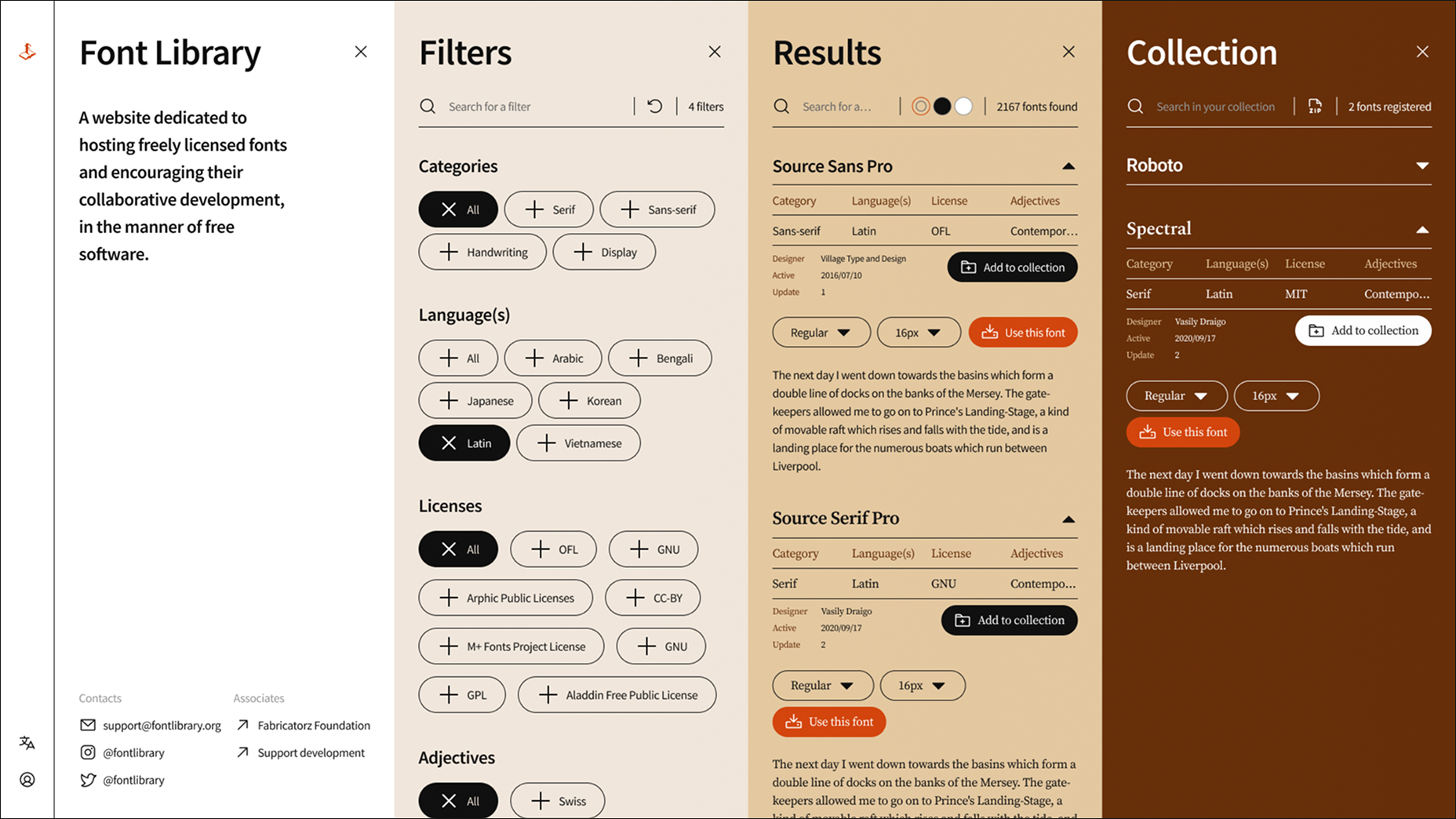 Interface de Font Library avec ses trois espaces de navigation