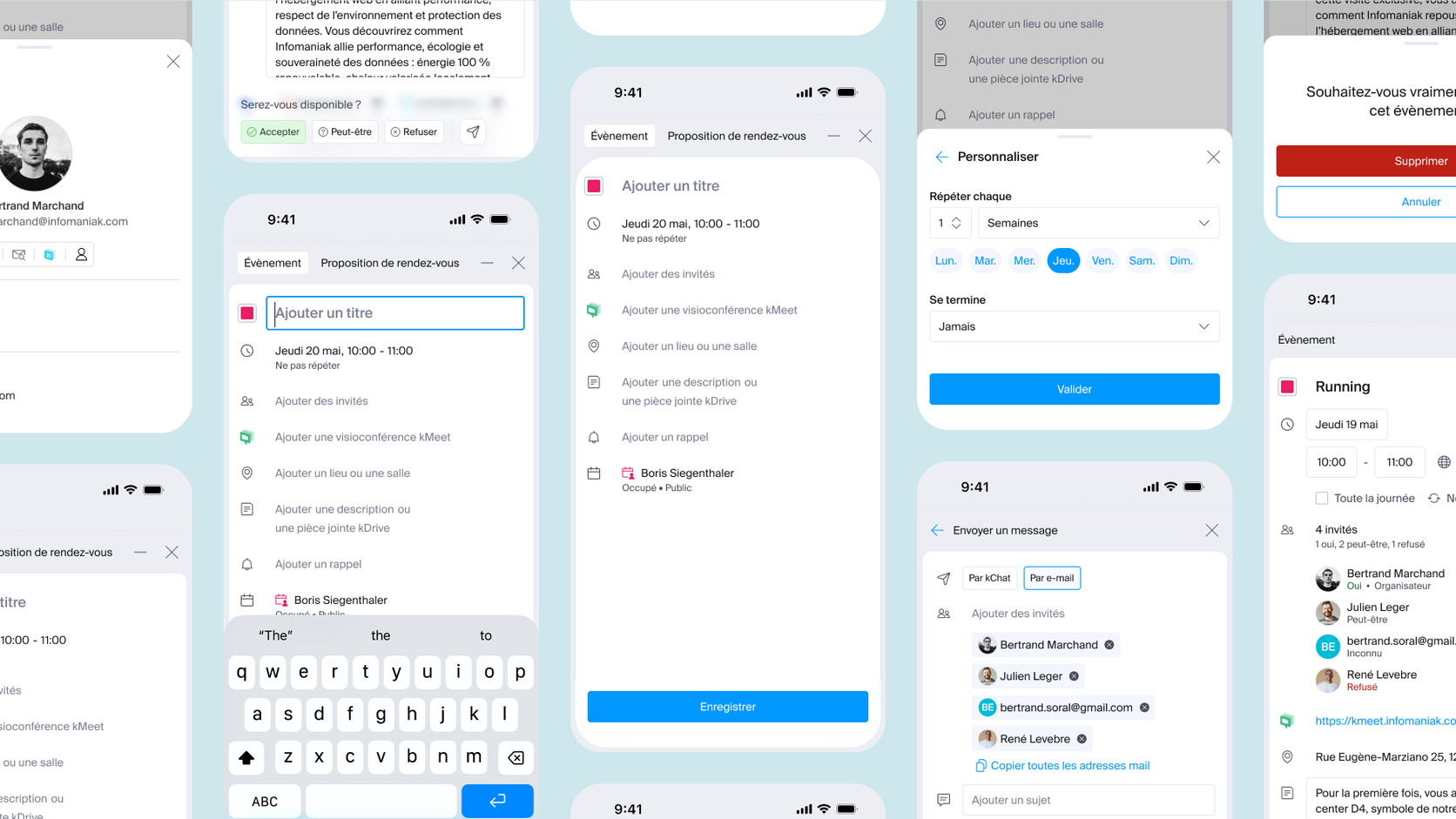 Montage de vues mobiles d’Infomaniak Calendar pour la création et la gestion d’un événement