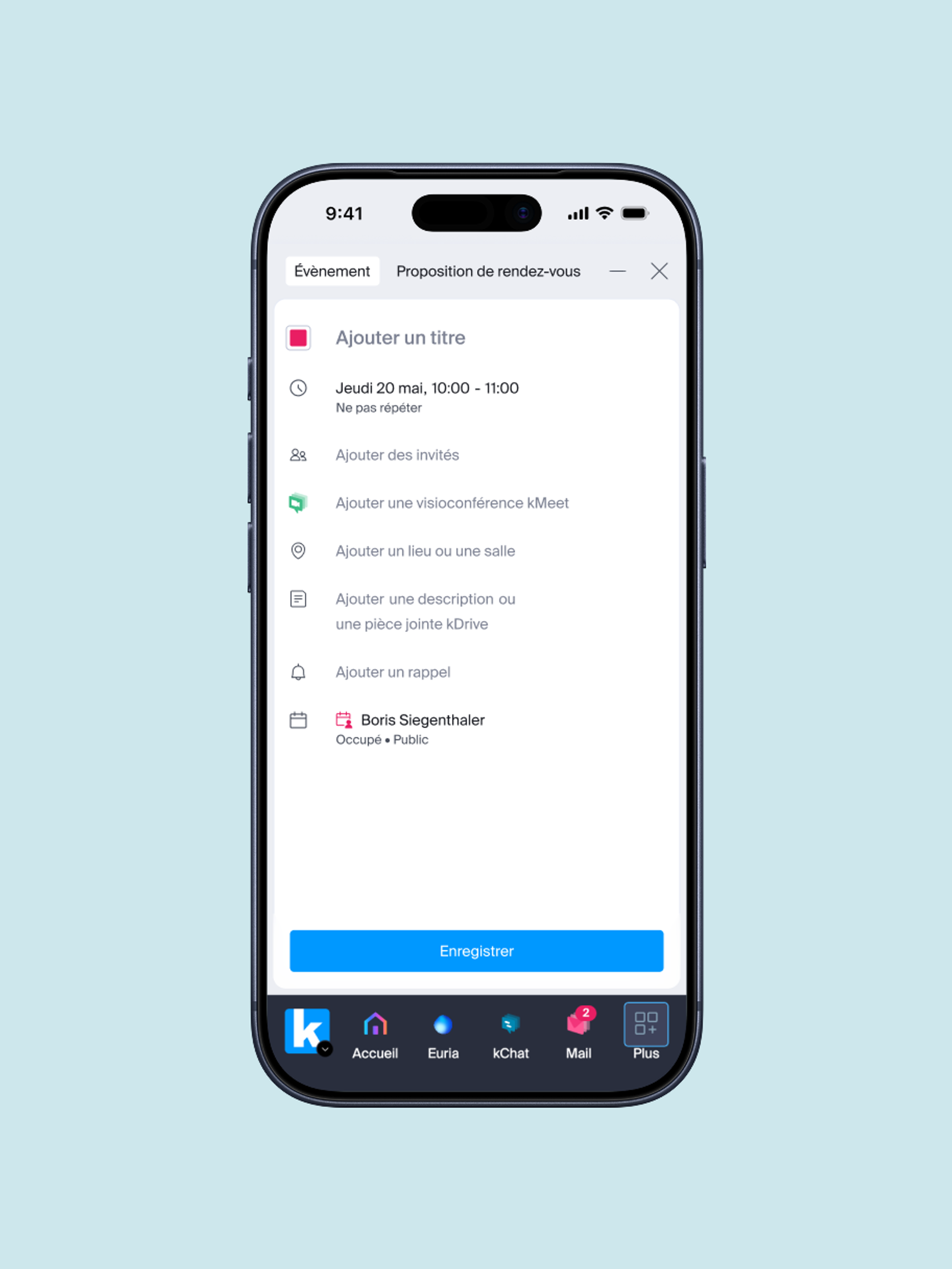 Vue mobile d’Infomaniak Calendar dans un téléphone